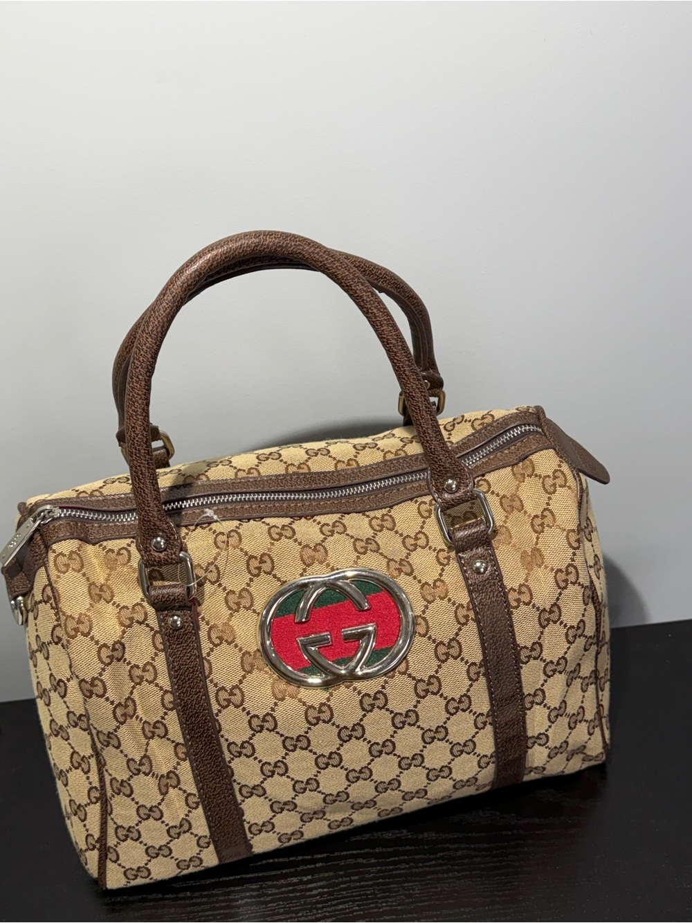 Brown Canvas Logo Top-Handle Bag with Red Accent